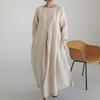 Vestido suelto de algodón y lino para mujer, talla grande para chica gordita, cuello redondo, jersey, vestido por encima de la rodilla, estilo elegante preppy Mori, falda amplia grande