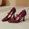 Exclusivo Personalizado~Mary Jane Francês Salto Alto Vermelho Salto Agulha 9cm Sexy Estampa de Leopardo Costura Bico Quadrado Salto Alto