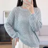 Suéter de punto calado, cuello redondo, 100% algodón para mujer, con diseño de red, mangas largas, corte holgado y relajado, y se puede usar como capa exterior o top.