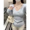 Camiseta básica acanalada rosa con cuello en V, amigable con la piel para mujer, adecuada para otoño e invierno, se usa debajo de un abrigo, ajustada, suéter suave y acogedor, top puro y seductor