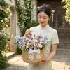 Cesta tejida rústica de mano para flores frescas y secas, macetero de ratán y mimbre impermeable, cesta de almacenamiento para picnic, cesta para fotos de niña de las flores