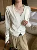 Suéter de Punto Yinhe Blanco Crudo con Cuello en V Falso Dos Piezas para Mujer, Cárdigan Suelto Suave y Casual para Principios de Otoño