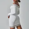 Vestido Corto Sexy de Encaje Empalmado de un Hombro, Estilo Chica Caliente Transfronterizo Europeo y Americano, Delgado, Manga de Campana, Ajustado a la Cadera