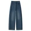 Jeans retro azules de cintura alta y pierna ancha para mujer, nuevo estilo de otoño, corte holgado, pantalones rectos adelgazantes con tejido ligeramente elástico, diseño elegante