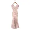 Ropa europea y americana para mujer transfronteriza, popular en AliExpress, estampado floral de rosas, escote en V profundo, dobladillo irregular, vestido largo de sirena