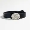 Novo Cinto com Fivela Oval de Diamante Feminino de Alto Padrão Pérola Fina Strass Decorativo Vedação de Cintura de Vestido Pequeno Cinto Preto PU