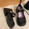 Sapatos de Couro Pretos de Salto Alto com Solado Grosso Estilo JK Japonês, Bico Redondo, Aumentadores de Altura, para Mulheres, Sapatos Mary Jane Retrô para Primavera e Outono
