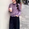 Cárdigan de punto hueco estilo francés con suave lazo, bordes festoneados y cuello redondo, elegante abrigo suéter para mujer