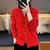 Nuevo cárdigan de punto simple liso de color sólido holgado para Otoño/Invierno 2026 con botones de corazón, suéter abrigo para mujer con cuello en V