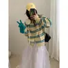 Cardigã de Tricô Listrado Estilo Coreano com Zíper Duplo 2026 Outono/Inverno Novo Estilo Cor Color Block Celebridade da Internet Peça de Roupa Solta Manga Longa