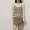 Top de Tricô Manga Longa Gola Alta Algal Falso Duas Peças Camada Ajustado