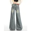 Pantalones Acampanados de Mezclilla Lavada Amarilla Vintage para Mujer, Nuevo Estilo Americano de Cintura Baja Street Slimming Pantalones Acampanados Lavados Sueltos