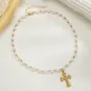 Colar Feminino Ajustável de Liga Estilo Étnico Retrô Pingente Redondo Cruz Contas de Pérola Acrílico