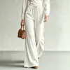 2026 Novos Calças Casuais Femininas Europeias e Americanas Transfronteiriças para Outono e Inverno, Cor Sólida, Perna Larga, com Cordão e Bolsos Duplos, Calças Longas de Cintura Alta