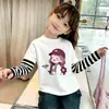 Camiseta de Manga Larga de Algodón Puro para Niñas, Estilo Otoño, Dibujos Animados, Falsa Dos Piezas, Mangas a Rayas con Parches, Cuello Redondo, Camiseta Básica Versátil para Niños
