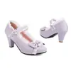 Zapatos casuales de una sola capa para mujer, primavera 2023, punta redonda, lazo, volantes, hebilla Lolita, tacones altos, zapatos de comercio exterior
