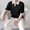 [Grande Promoção] Camisa Polo de Tricô de Manga Curta para Homens, Estilo Coreano Solta com Lapela de Cor Contrastante, Verão Moderna Paul Meio