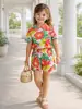 Conjunto de Camisa y Shorts con Estampado Floral de Verano para Niñas, Conjunto de Dos Piezas Estilo Vacaciones Casual para Niños, Ropa Infantil Transfronteriza en Stock