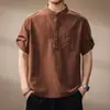 Camisa retrô de manga curta estilo japonês com costura aparente e bolsos para homem, novo modelo de verão, confortável, respirável, cor sólida, simples e casual