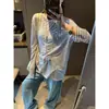 Mochie Estilo Preguiçoso Sensação Relaxada Amigo da Pele Caimento Fluido Listrado Color-Blocking Solta Emagrecedora Camiseta Camisa Básica Mq1191