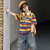 Conjunto de Manga Corta para Niños Verano Bloque de Color Rayas Nuevo Estilo 2026 Camiseta Holgada de Moda para Niño Ropa de Verano para Niños Top