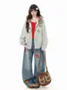 Cinturón de Parches Bordados de Estrellas Retro Americano Jeans para Hombres y Mujeres, Pantalones Rectos de Pierna Ancha de Corte Limpio y Holgado para Parejas