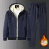 Conjunto de Duas Peças Cardigan Novo 2024 Inverno Forrado com Lã Espessado com Capuz Quente Terno Esportivo Casual Masculino