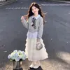 Nuevo Estilo Primavera y Otoño 2026 para Niños Mayores: Sudadera con Cuello y Parche de Encaje Estilo Princesa Coreana Falda de Capas Conjunto de Moda para Niñas
