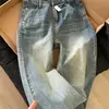 Jeans Rectos Sueltos de Tiro Alto para Mujer Verano Nuevo Retro Americano Lavado Caída Versátil Pantalones de Pierna Ancha