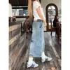 Calça Jeans Cropped Lavada Vintage Estilo Americano Plus Size para Mulheres, Calça Tendência de Barra Curva, Estilo de Rua Solta Emagrecedora Wide-Leg de Comprimento Médio