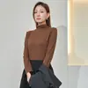 Camiseta feminina de cashmere sintético com manga longa e gola semialta, novo estilo outono/inverno 2026, modelagem justa, top de manga longa que valoriza a silhueta