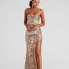 Vestido de Festa Longo de Um Ombro com Lantejoulas, Estilo Europeu e Americano Transfronteiriço, Elegante Vestido de Festa Longo com Fenda, Vestido Longo Sem Mangas de Luxo Leve