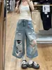 Calça Jeans Cropped Feminina de Verão com Rasgos e Pernas Largas Tamanho Plus Size Meninas Cheinhas Cintura Alta Solta Modeladora Retas Comprimento Médio Senso de Design