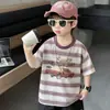 Camiseta Listrada de Verão com Estampa de Carro para Meninos Pulôver Infantil Casual Manga Curta Roupa Fina de Verão para Bebês