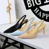 1366 Zapatos de tacón de aguja de gamuza de alta gama estilo europeo y americano para mujer, punta fina, corte bajo, cómodos, con talón abierto, sandalias de tira para uso en exteriores