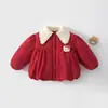 Chaqueta de algodón acolchada para bebé, engrosada y acolchada, cálido abrigo de algodón rojo para niñas, 120g, adecuada para bebés y niños pequeños, ropa exterior de otoño e invierno, estilo festivo