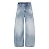 Calça Jeans Scimitar Azul Lavado Retro Americano 11Kn para Homens e Mulheres, Corte Solto, Design Patchwork Desgastado, Calça Wide-Leg Banana Tendência