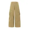 Pantalones de Trabajo de Pierna Ancha Color Caqui Estilo Americano con Bolsillo Corte Estructurado Retro Simple Pantalones Casuales para Mujer