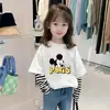 Top de manga larga para niños, algodón puro para otoño, nuevo estilo 2026, camiseta de retazos a rayas para niñas, top falso de dos piezas para bebé niña