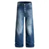 Calça Jeans Masculina Lavada com Múltiplos Botões, Novo Estilo Primavera 2026, Modelagem Solta, Estilo Streetwear Americano Bf, Calça Longa