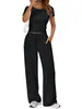 Conjunto de Duas Peças: Blusa Casual Lisa de Manga Curta + Calça Wide Leg de Cintura Alta, Versátil, Caimento Fluido, Emagrecedor, Roupa de Trabalho