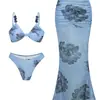2027 Venta Caliente Diseño Avanzado con Estampado y Perlas de Tirantes Fruncido Sexy Espalda Descubierta Vestido Largo Tipo Traje de Baño Set de Tres Piezas