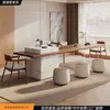 Mesa de Chá de Madeira Maciça de Placa Grande, Mesa de Chá Multifuncional Estilo Ilha para Novo Escritório, Integrada com Luminária de Designer, Toque Moderno de Luxo de Alto Padrão