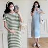 Ropa de Maternidad 2025 Verano Nuevo Estilo Tejido Seda de Hielo Calado Rayas Camiseta de Manga Corta de Longitud Media Vestido de Maternidad