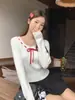 Suéter de Punto para Mujer Color Blanco Francés, Cuello en U, Bloques de Color, Lazo, Manga Larga, Diseño Ajustado, Top de Otoño