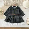 Nuevo Vestido de Cuadros Estilo Coreano para Niñas con Mangas de Encaje para Otoño, Vestido de Princesa a la Moda para Niños Pequeños