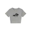 Camiseta Blanca de Manga Corta Ajustada con Cuello Redondo, Estilo Nuevo de Verano para Mujer con Estampado de Perro Estilo Americano, Top Corto Picante