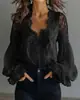 Camisa Feminina de Renda Patchwork com Mangas Bufantes Plissadas - Moda Independente Europeia e Americana 2026