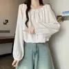 Blusa de encaje con cordones, manga larga, estilo nuevo, con volantes, forma de capullo, para mujer, top holgado y adelgazante