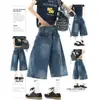 Calça Jeans Cropped de Verão da Moda com Fivela da Marca Paris para Homens e Mulheres Estilo Americano Cleanfit Larga de Perna Larga Comprimento Médio